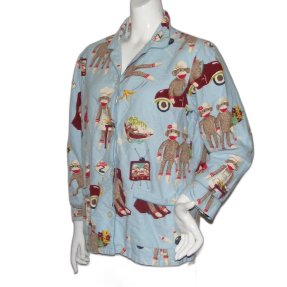 NICK & NORA Pajama Top, M, Blue, Sock Monkey Daily Tasks, Long sleeves, Fleece - Picture 3 of 8